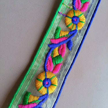 Indian Embroidered Sheer Trim In Yellow Floral Embroidery, Approx. 45mm Wide, Sari Border